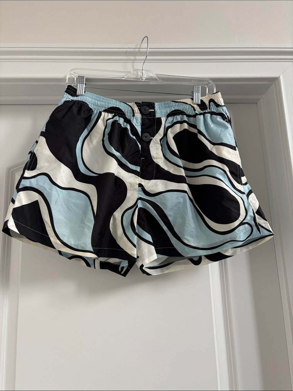 Jacquemus Light Blue Black and Cream Wave-Print Swim Trunks